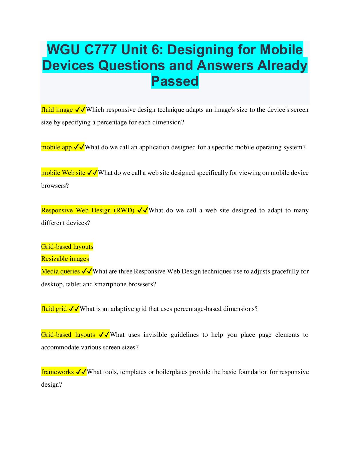 Preview image for WGU C777 Unit 6: Designing for Mobile Devices Questions and Answers Already Passed